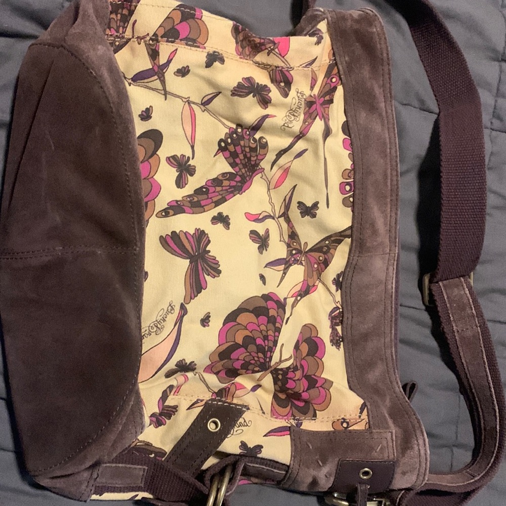 Beautiful suede and canvas hobo bag with butterfly motif in tan and purples.